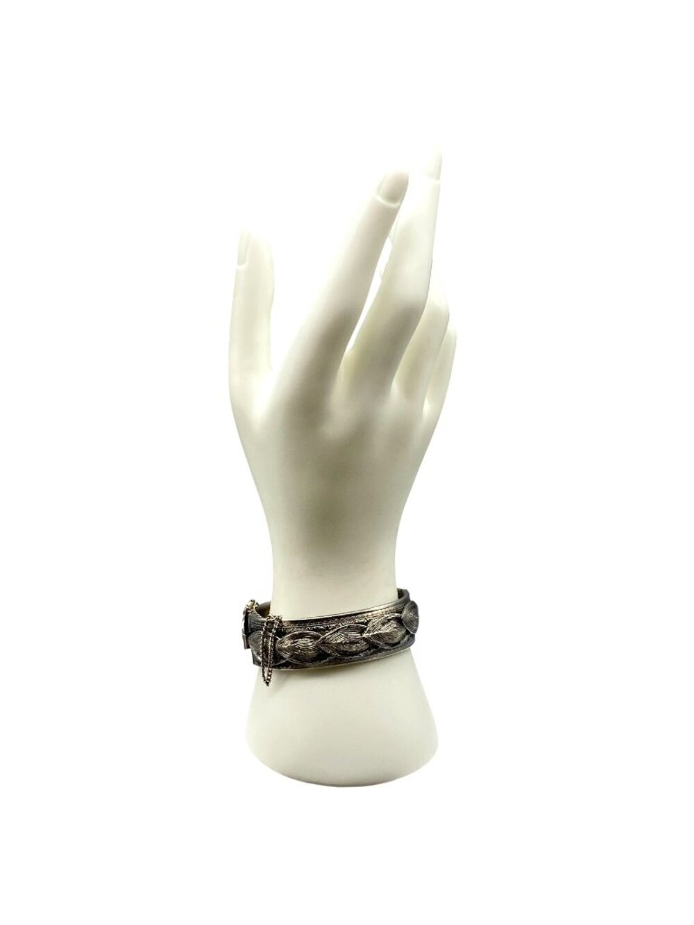 Vintage Engraved Hinged Bangle Bracelet, Chased Silver Tone with Overlapping